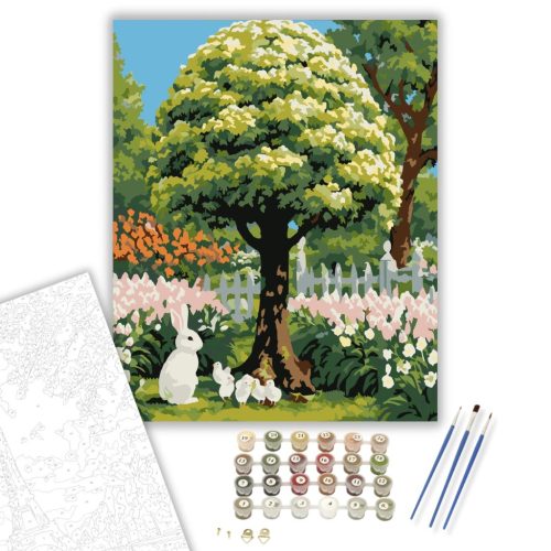 Húsvéti Fa Nyuszival és Csibékkel - számfestő készlet - Számfestő.hu - 40×50cm - keretre feszítve