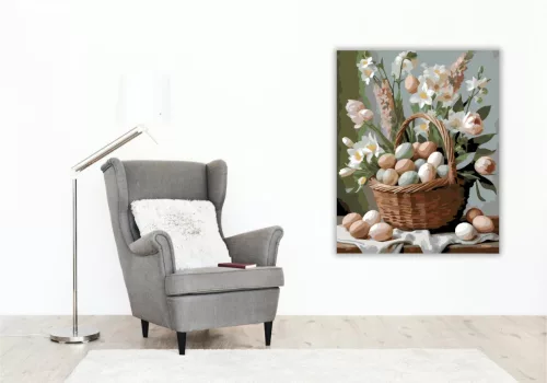 Húsvéti Kosár Tavaszi Virágokkal - számfestő készlet - Számfestő.hu - 50×60cm - keretre feszítve