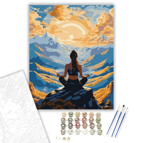 Meditáló Nő Hegycsúcson Napkeltekor - számfestő készlet - Számfestő.hu - 80×100cm - keretre feszítve
