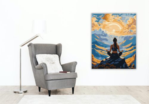 Meditáló Nő Hegycsúcson Napkeltekor - számfestő készlet - Számfestő.hu - 80×100cm - keret nélkül