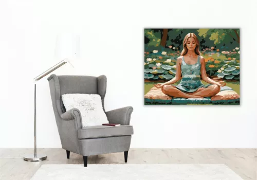 Meditáló Lány Virágkertben - számfestő készlet - Számfestő.hu - 50×60cm - keret nélkül