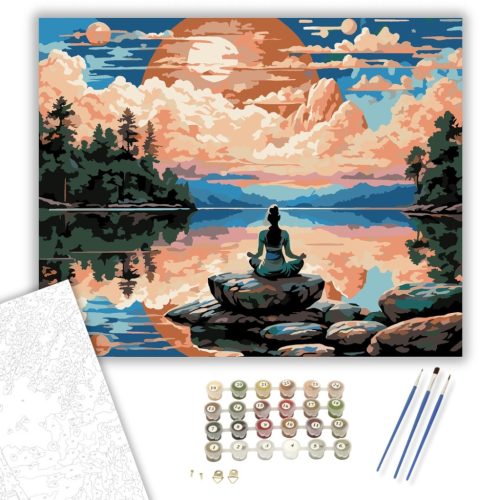 Meditáló Nő Tóparti Naplementében - számfestő készlet - Számfestő.hu - 80×100cm - keret nélkül
