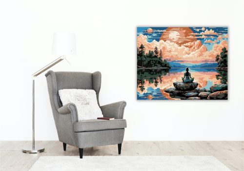 Meditáló Nő Tóparti Naplementében - számfestő készlet - Számfestő.hu - 40×50cm - keretre feszítve