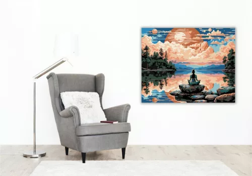 Meditáló Nő Tóparti Naplementében - számfestő készlet - Számfestő.hu - 80×100cm - keretre feszítve