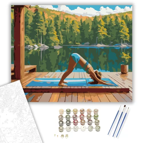 Nő Adho Mukha Svanasana Pózban Tóparti Környezetben - számfestő készlet - Számfestő.hu - 50×60cm - keret nélkül