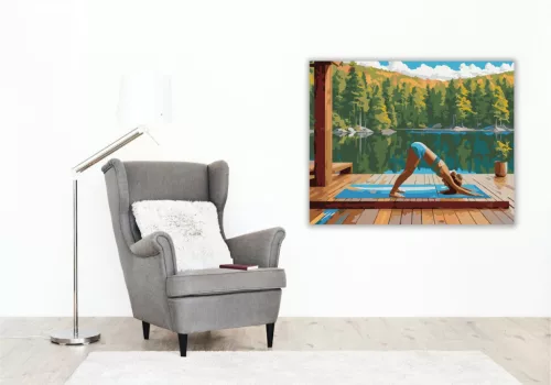 Nő Adho Mukha Svanasana Pózban Tóparti Környezetben - számfestő készlet - Számfestő.hu - 50×60cm - keret nélkül