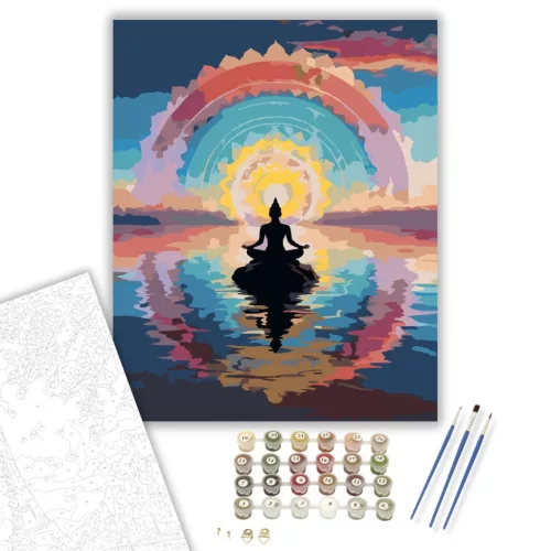Meditáló Alak Mandala Fényekkel a Tengeren - számfestő készlet - Számfestő.hu - 40×50cm - keretre feszítve
