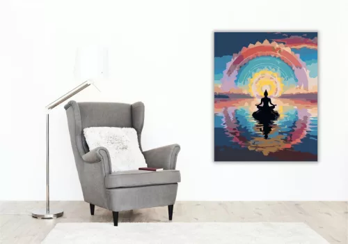 Meditáló Alak Mandala Fényekkel a Tengeren - számfestő készlet - Számfestő.hu - 40×50cm - keretre feszítve
