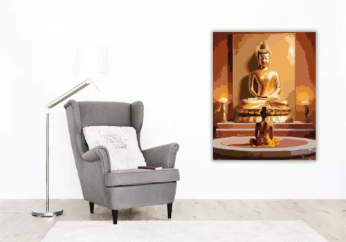 Meditáló Alak Arany Buddha Szobor előtt - számfestő készlet - Számfestő.hu - 80×100cm - keret nélkül