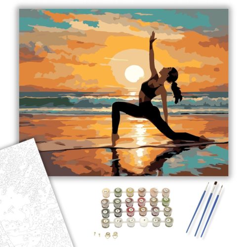 Jóga Napüdvözlet Tengerparti Napkeltekor - számfestő készlet - Számfestő.hu - 40×50cm - keret nélkül