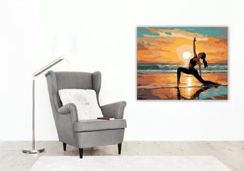 Jóga Napüdvözlet Tengerparti Napkeltekor - számfestő készlet - Számfestő.hu - 80×100cm - keret nélkül