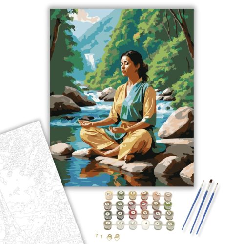 Meditáló Nő Folyóparti Természetben - számfestő készlet - Számfestő.hu - 80×100cm - keret nélkül
