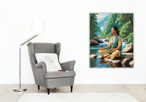 Meditáló Nő Folyóparti Természetben - számfestő készlet - Számfestő.hu - 60×70cm - keret nélkül