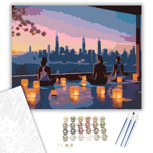 Jóga a Városi Kilátással - számfestő készlet - Számfestő.hu - 60×70cm - keretre feszítve