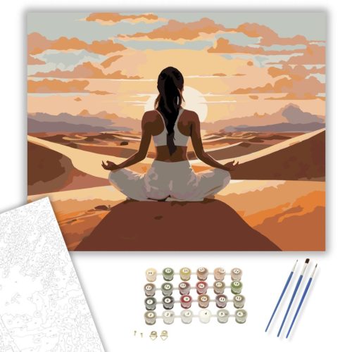 Meditáló Nő Homokdűnéken Naplementében - számfestő készlet - Számfestő.hu - 40×50cm - keretre feszítve