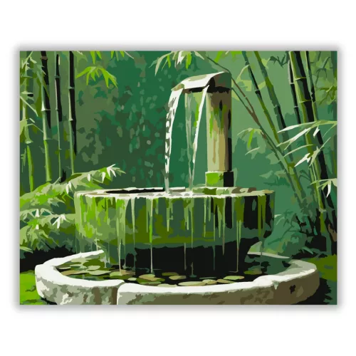 Bambusz Vízkút Zen Kertben - számfestő készlet - Számfestő.hu - 40×50cm - Keret nélkül