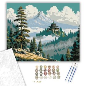 Hegyi Templom Fenyőfák Között - számfestő készlet - Számfestő.hu - 40×50cm - keret nélkül