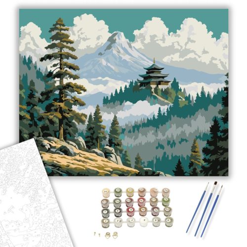 Hegyi Templom Fenyőfák Között - számfestő készlet - Számfestő.hu - 40×50cm - keret nélkül