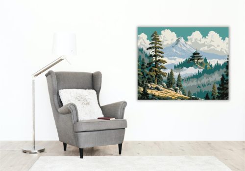 Hegyi Templom Fenyőfák Között - számfestő készlet - Számfestő.hu - 40×50cm - keret nélkül