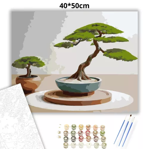 Bonsai és Kavicsmintás Zen Kert - számfestő készlet - Számfestő.hu - 40×50cm - Keretre feszítve