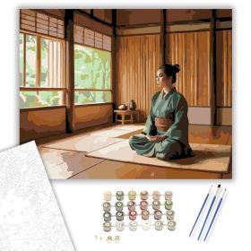 Meditáló Nő Tradicionális Dojóban - számfestő készlet - Számfestő.hu - 40×50cm - keret nélkül