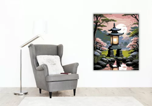 Tradicionális Kőlámpás Japán Kertben - számfestő készlet - Számfestő.hu - 60×70cm - keret nélkül