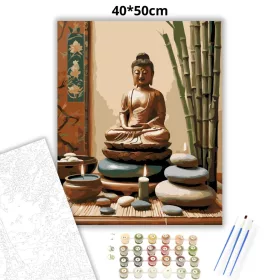 Buddha Szobor Gyertyákkal és Bambusszal - számfestő készlet - Számfestő.hu - 40×50cm - Keret nélkül