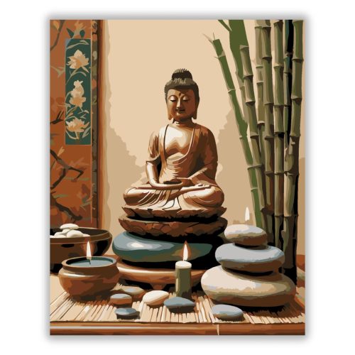 Buddha Szobor Gyertyákkal és Bambusszal - Számfestő.hu