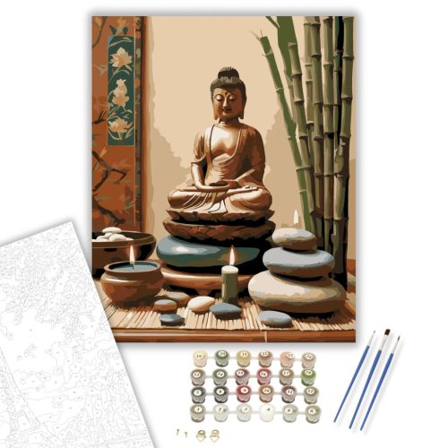 Buddha Szobor Gyertyákkal és Bambusszal - számfestő készlet - Számfestő.hu - 40×50cm - keretre feszítve