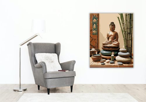 Buddha Szobor Gyertyákkal és Bambusszal - számfestő készlet - Számfestő.hu - 80×100cm - keret nélkül