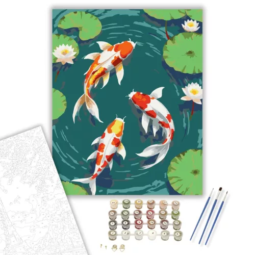 Koi Halak és Lótuszvirágok - számfestő készlet - Számfestő.hu - 40×50cm - keretre feszítve