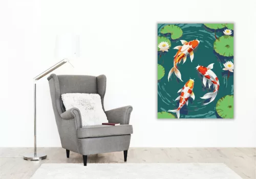 Koi Halak és Lótuszvirágok - számfestő készlet - Számfestő.hu - 40×50cm - keretre feszítve