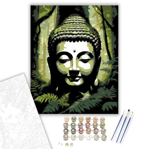 Buddha Fej és Páfrányok Zen Kertben - számfestő készlet - Számfestő.hu - 40×50cm - keretre feszítve