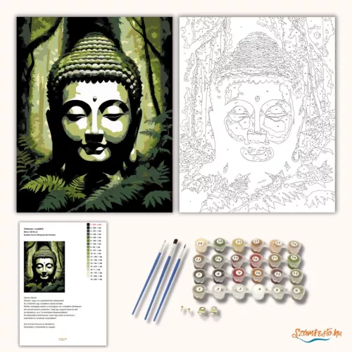 Buddha Fej és Páfrányok Zen Kertben - számfestő készlet - Számfestő.hu - 40×50cm - Keret nélkül