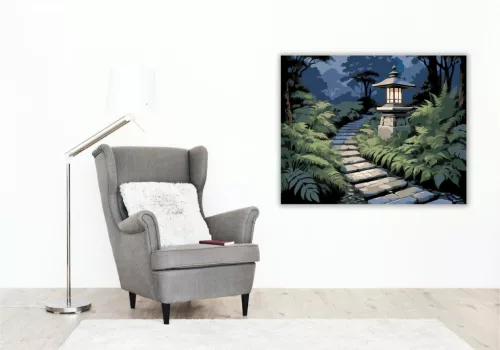 Zen Kerti Út Kőlámpással és Páfrányokkal - számfestő készlet - Számfestő.hu - 40×50cm - keret nélkül