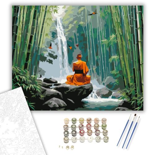 Meditáló Szerzetes a Vízesésnél Bambuszerdőben - számfestő készlet - Számfestő.hu - 80×100cm - keret nélkül