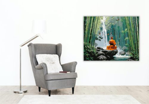 Meditáló Szerzetes a Vízesésnél Bambuszerdőben - számfestő készlet - Számfestő.hu - 60×70cm - keretre feszítve