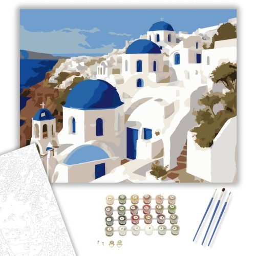 Santorini Fehér Házai és Kék Kupolái - számfestő készlet - Számfestő.hu - 80×100cm - keretre feszítve