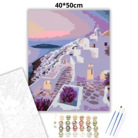 Folegandros Hajnal a Fehér Tetők Felett - számfestő készlet - Számfestő.hu - 40×50cm - Keret nélkül