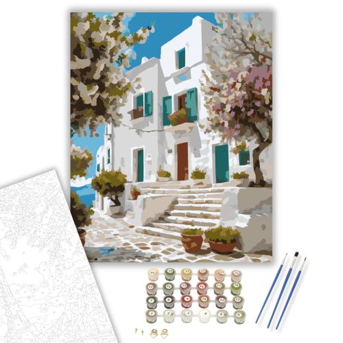 Naxos Falu Terei és Virágzó Fák - számfestő készlet - Számfestő.hu - 40×50cm - keretre feszítve