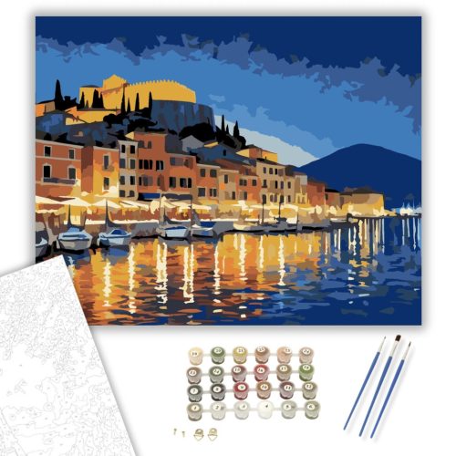 Nafplio Éjszakai Fényei a Kikötőben - számfestő készlet - Számfestő.hu - 80×100cm - keret nélkül