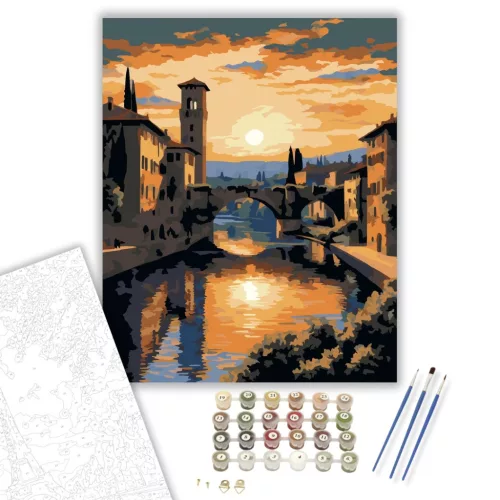 Veronai Naplemente és Castelvecchio híd - számfestő készlet - Számfestő.hu - 80×100cm - keretre feszítve
