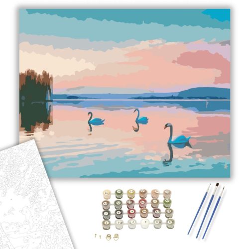 Balatoni Napkelte Hattyúkkal - számfestő készlet - Számfestő.hu - 60×70cm - keret nélkül