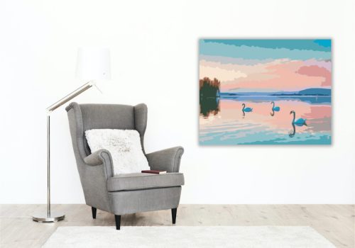 Balatoni Napkelte Hattyúkkal - számfestő készlet - Számfestő.hu - 60×70cm - keretre feszítve