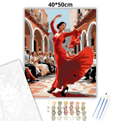 Flamenco Táncos Cordobai Udvarban - számfestő készlet - Számfestő.hu - 40×50cm - Keret nélkül