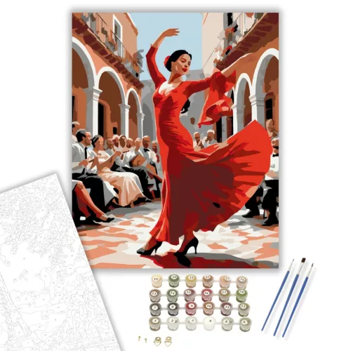 Flamenco Táncos Cordobai Udvarban - számfestő készlet - Számfestő.hu - 40×50cm - keretre feszítve