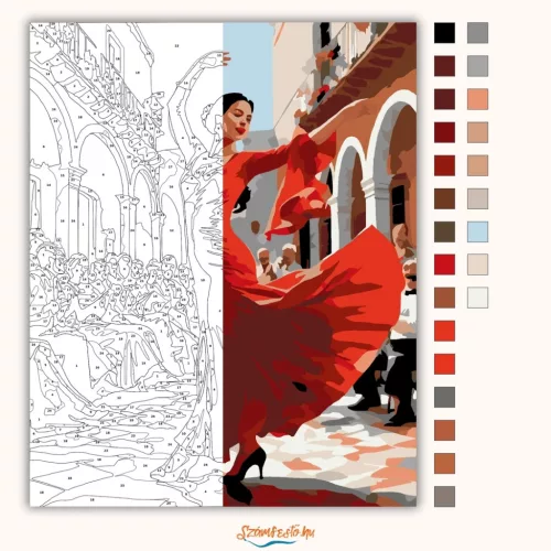 Flamenco Táncos Cordobai Udvarban - számfestő készlet - Számfestő.hu - 40×50cm - Keret nélkül