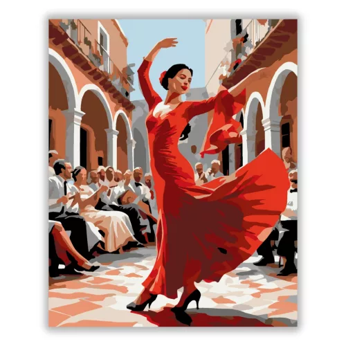 Flamenco Táncos Cordobai Udvarban - számfestő készlet - Számfestő.hu - 40×50cm - Keret nélkül