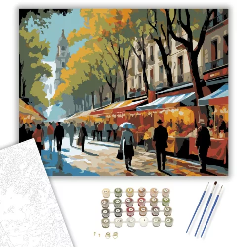 La Rambla Barcelonában - számfestő készlet - Számfestő.hu - 80×100cm - keretre feszítve