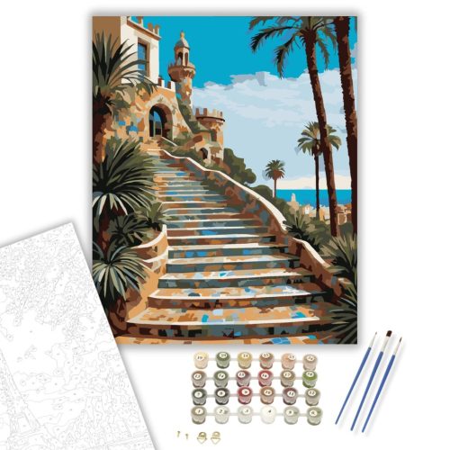 Park Güell Lépcső Barcelonában - számfestő készlet - Számfestő.hu - 40×50cm - keret nélkül